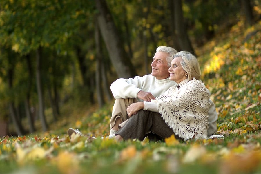 beautiful happy old people sitting in the autumn park